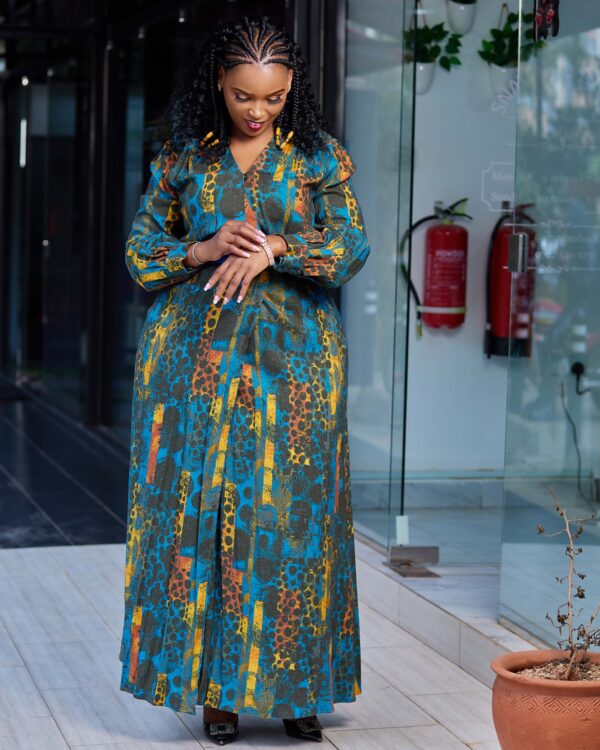 Blue and yellow warm maxi with matching blue belt