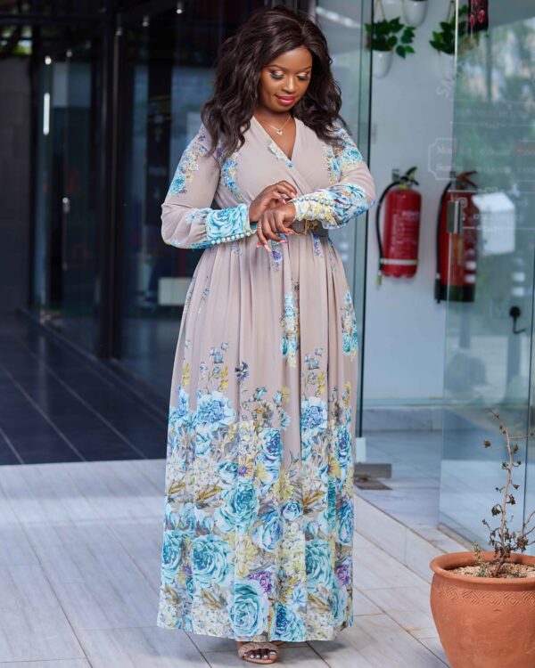 Nude floral chiffon maxi with sleeve details