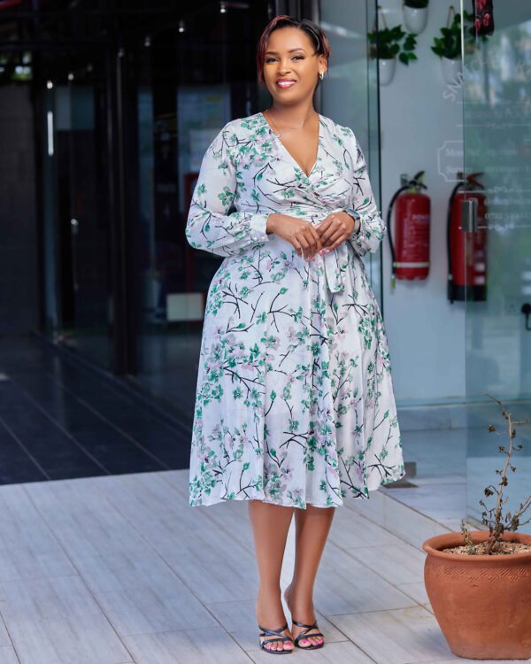 White and green satin floral dress