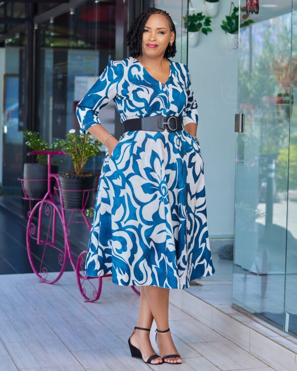 Blue and white midi dress