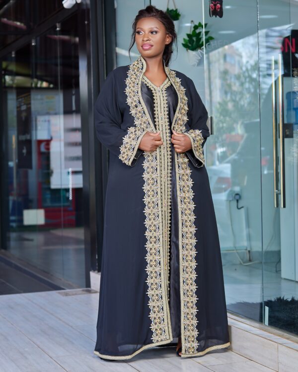 Luxurious black and gold kaftan with embroidered jacket