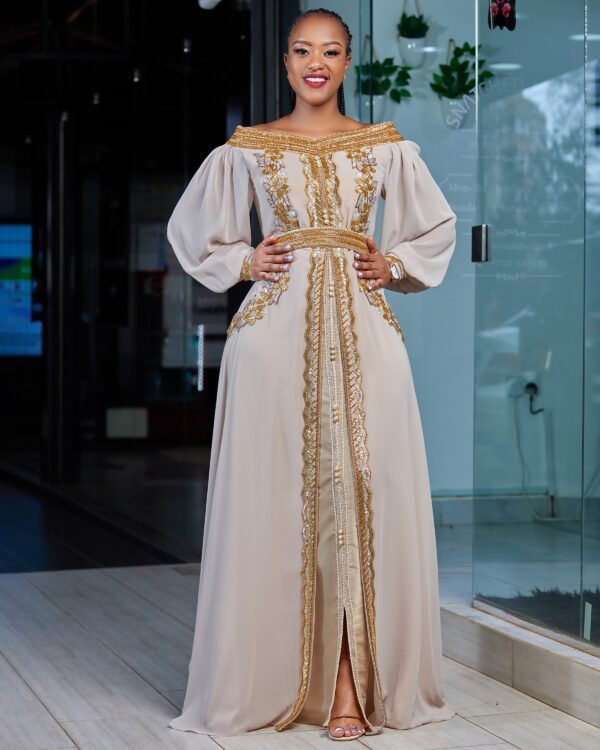 Luxurious off shoulder nude with gold occasion dress