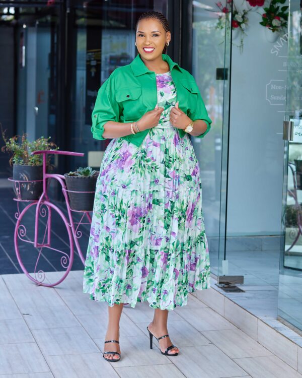 Green jacket floral dress